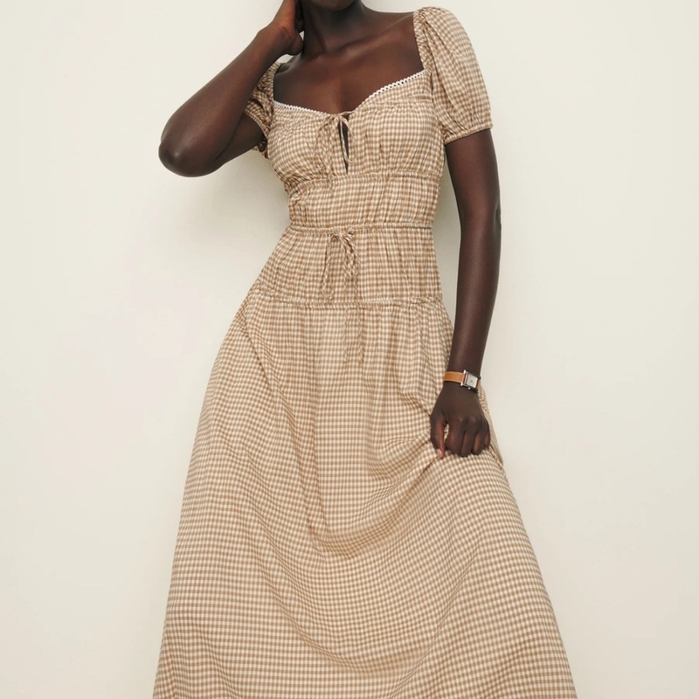 Reformation Rhett Dress In Tan Check, brand new with tags